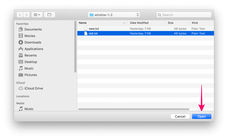MacアプリFileMergeの使い方　「old.txt」を選択し「Open」ボタンをクリック