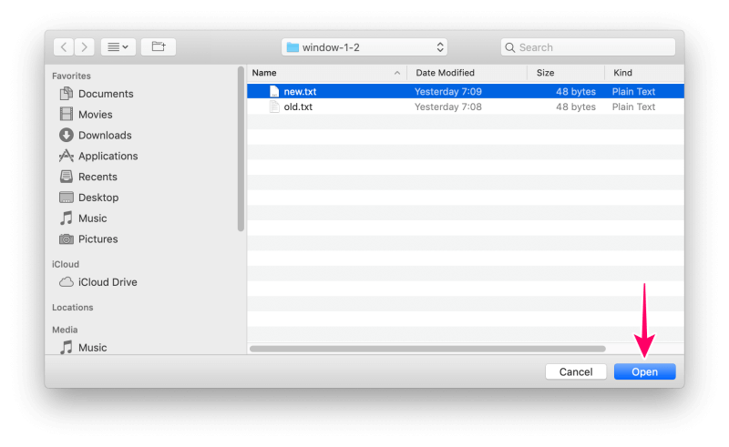 MacアプリFileMergeの使い方　「new.txt」を選択し「Open」ボタンをクリック