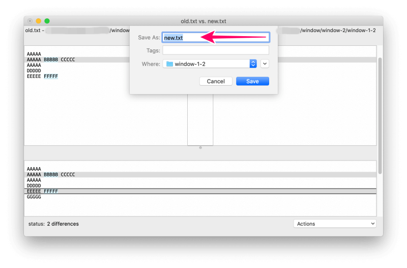 MacアプリFileMergeの使い方　「Save As」ボックスにファイル名を「merge.txt」と入力